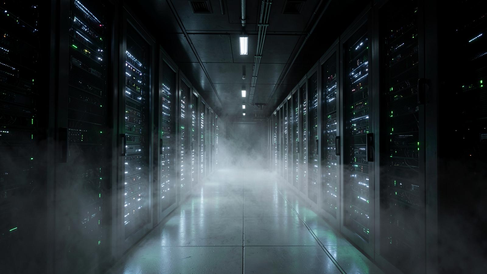 Corredor de um data center iluminado